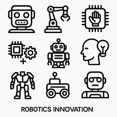 Robotics innovation: diverse robot designs and robotics technology icons