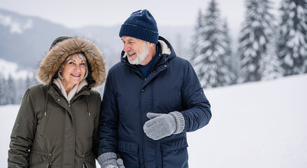 joyful elderly couple walking through snowy landscape in winter clothing, sharing laughs