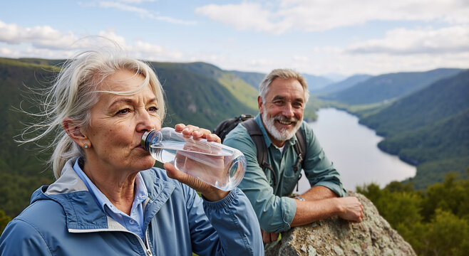senior couple enjoying hiking with scenic mountain lake view in the background on a sunny day