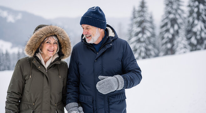 joyful elderly couple walking through snowy landscape in winter clothing, sharing laughs