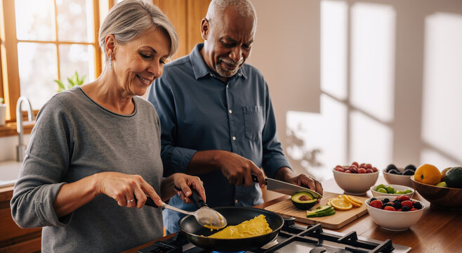 happy interracial senior couple cooking together in a sunlit kitchen full of fresh fruits