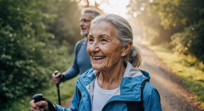 happy senior couple hiking on a scenic wooded trail enjoying nature and sunlight