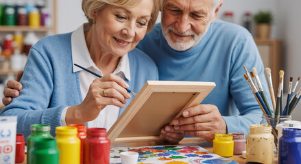 senior couple enjoying painting together at home, bonding and creating colorful artwork