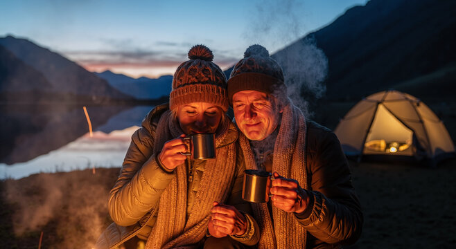 elderly couple enjoying warm tea by campfire near tent at lake during sunset in mountains - Powered by Adobe