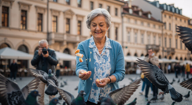 elderly woman feeding pigeons in historic european square, surrounded by joyful atmosphere