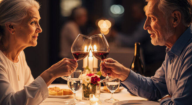 romantic elderly couple celebrating anniversary with wine in cozy candlelit restaurant ambiance