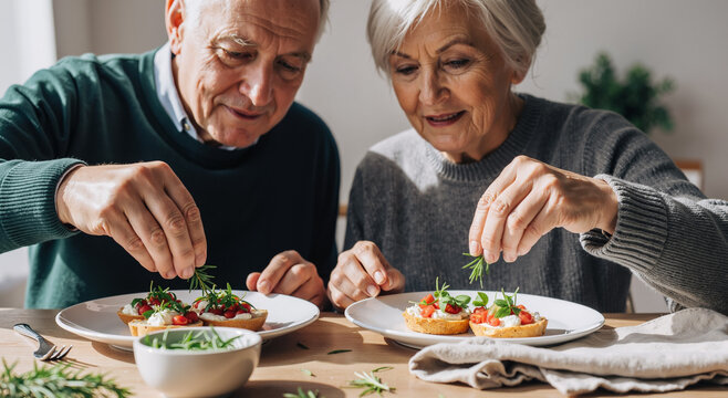 elderly couple enjoying cooking together at home decorating bruschetta dish in cozy kitchen
