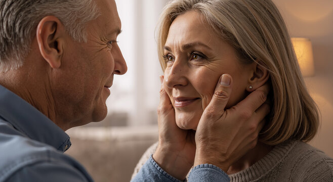 loving couple with gray hair sharing tender moment at home with warm lighting