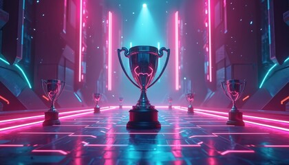 Illustration presents a gaming tournament. Center stage is a shiny trophy. Neon lights and glowing details create futuristic tech environment. Award and championship concept design.