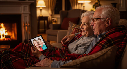elderly couple video chatting with family by cozy fireplace on winter evening