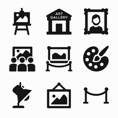 Art gallery icons set: easel, frame, palette, exhibition symbols