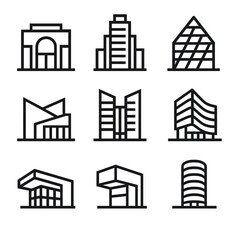 Fototapeta premium Collection of nine modern architectural building icons in minimalist line art style