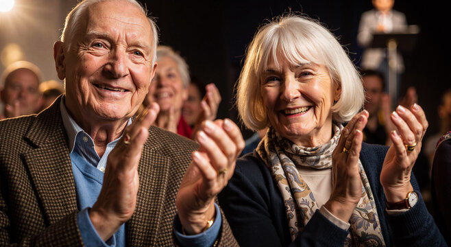 elderly couple clapping at a joyful event with audience in background under warm lighting