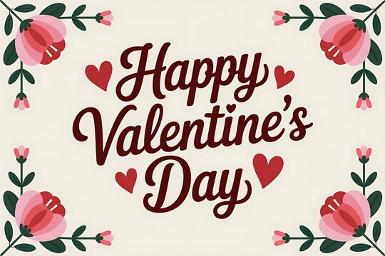 Happy Valentine's Day - Floral Border Greeting Card with Hearts Design