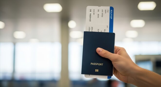 Hand holding passport and boarding pass in airport terminal