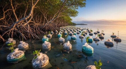 Mangrove planting initiative in coastal waters shows dedication to restoration, displaying bags filled with saplings ready to grow.