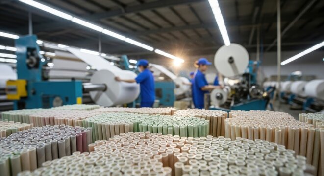 Factory production features paper production with rolls and industrial machinery, workers manage quality. Paper production involves processes of handling raw materials,