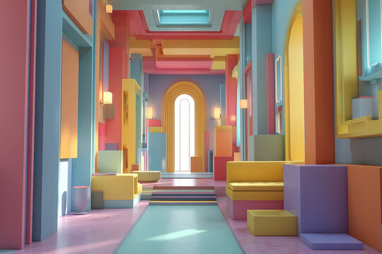 A stylized render of a virtual interior space filled with impossible geometry, demonstrating AI's unbounded imagination and spatial design. - Powered by Adobe