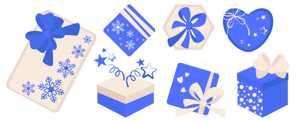 Set of gift boxes of various shapes decorated with snowflakes and ribbons. Vector closed boxes in blue and white. Bright, cheerful packaging for New Year and Christmas gifts. Isolated gift with decor.