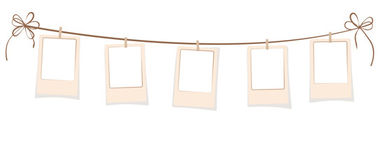 Set of blank photo frames with copy space on white background. Vector mockups of instant photos hung on rope with wooden clothespins. Horizontal banner with several retro photos, Photo template.