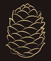 Pine cone silhouette with golden lines on dark background. Vector isolated cedar, spruce, or pine pine. Winter natural decor, covered with scales. Seed box for fir or coniferous trees