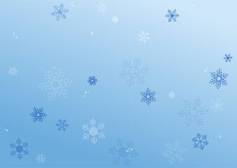 Winter horizontal banner with falling blue and white snowflakes. Calm A4 vector background with copy space. Snowfalls of varying shapes and transparency. Snowfall frosty morning. Delicate blue tones.