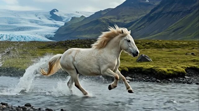 White Icelandic pony running through river against glacier backdrop  