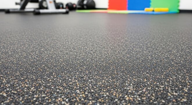 Rubber flooring as protection for gym equipment and as a surface for workout. Durable rubber flooring prevents slipping and reduces impact during exercise sessions. - Powered by Adobe