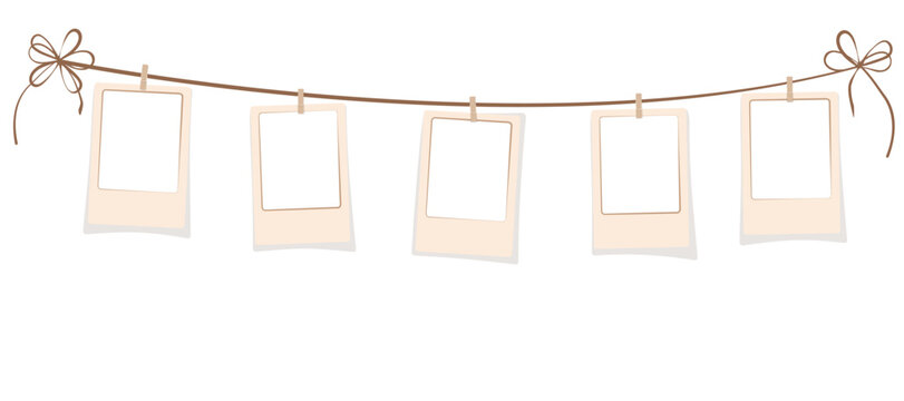 Set of blank photo frames with copy space on white background. Vector mockups of instant photos hung on rope with wooden clothespins. Horizontal banner with several retro photos, Photo template.