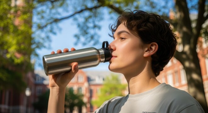 Young man drinking water outdoors with reusable bottle, he quenches thirst on warm day, holding a reusable bottle. Reusable bottle is eco friendly choice for daily hydration.
