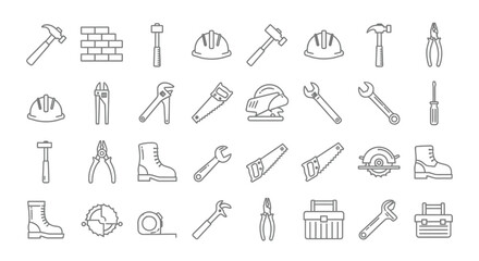 Fototapeta premium A collection of line art icons representing various tools and safety equipment for construction and DIY projects