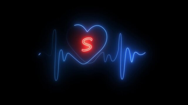 Blue Neon Heartbeat Line with Red Neon Letter S Inside Heart on Black Background electrocardiogram