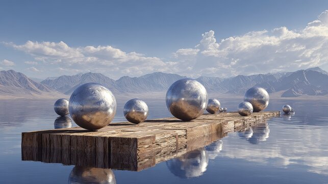 Metallic Spheres in a Serene Landscape: A collection of polished metallic spheres rests on a weathered wooden platform, mirroring in the calm water with mountains creating a background.