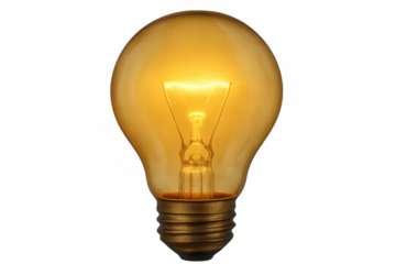 Illuminated incandescent light bulb radiating warm glow, representing new ideas, energy, and intelligence. Transparent background