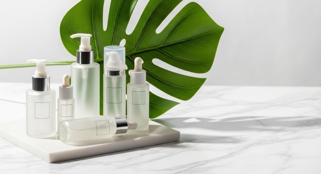 Transparent skincare bottles with monstera leaf on marble surface