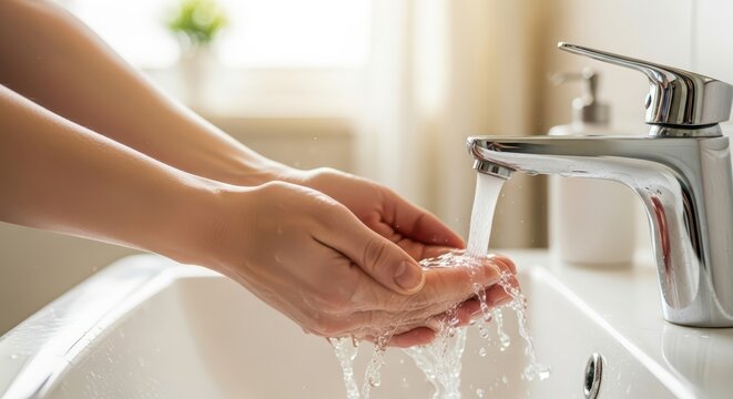 Adult caucasian female washing hands under running faucet in bathroom - Powered by Adobe