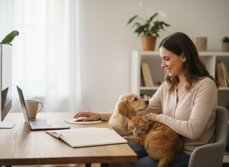 Smiling young woman working on laptop at a wooden desk, petting golden retriever and ginger cat, with a green parrot on the monitor in a bright home office.