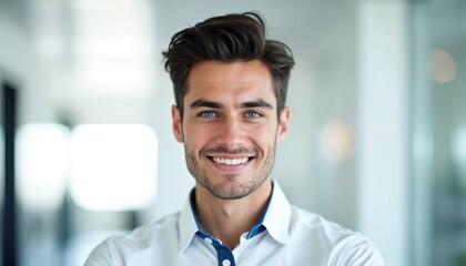 Obraz premium Young handsome attractive man with blue eyes, dark hair smiles broadly at camera. Confident, successful pro male wears crisp white collared shirt. Feels positive, ready for business, new career