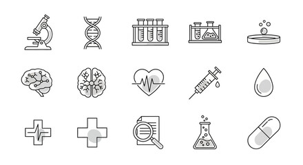 Obraz premium Science and medical research icons microscope, DNA, test tubes, brain, heart, syringe, drop, plus, document, flask, capsule