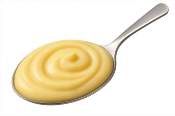Vanilla custard pudding swirl on serving spoon