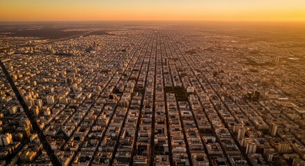 Fototapeta premium Vast sunset cityscape of dense urban architecture with orange sky horizon view