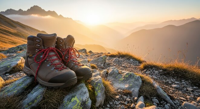 Hiking boots on mountain peak at sunrise with majestic landscape views