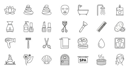 A clean, modern, minimalist line icon set of spa and beauty items, black thin outline only.