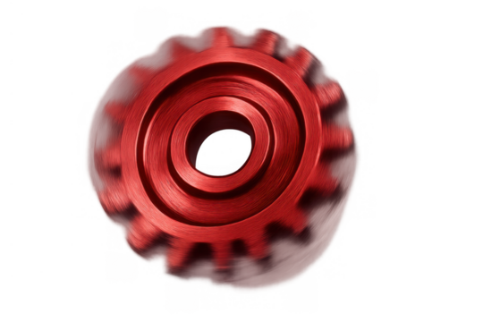 Red cogwheel spinning fast, symbolizing industrial power, continuous development, technology, and interconnected processes. Transparent background - Powered by Adobe