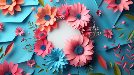 Happy Mother's Day elegant card design with 3D flowers and circular frame on blue background. Festive floral concept for greeting and celebration. Concept greeting cards, celebrating wedding