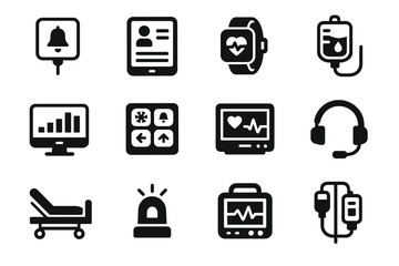 Vector monitor device pump nurse patient button tablet light communication care icon