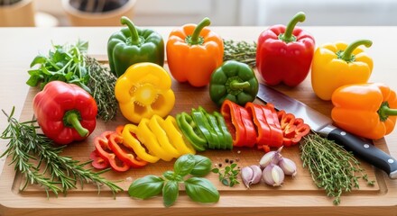 Assortment of fresh sliced bell peppers with herbs on wooden cutting board