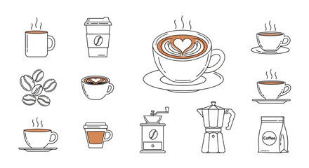 A collection of line art icons representing various coffee-related items, from brewing to enjoyment