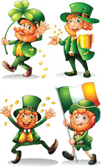 A collection of four cartoon leprechauns celebrating St. Patrick's Day with a shamrock, beer, gold coins, and an Irish flag.