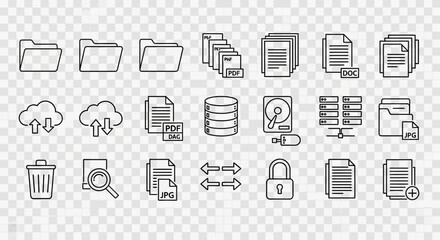 A collection of black and white vector icons representing digital data and file management, such as folders, clouds, documents, and storage devices